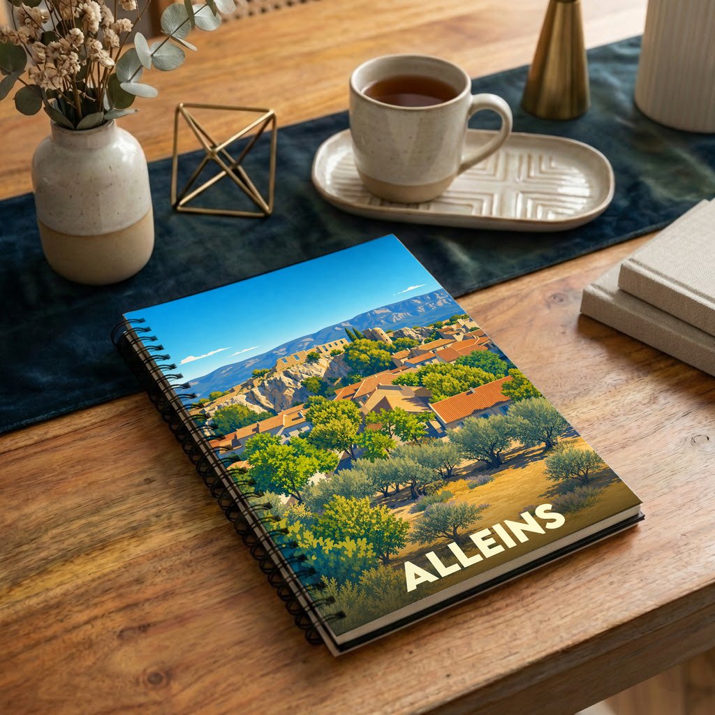 Carnet souvenir de la ville d'Alleins avec une illustration stylisée de son paysage provençal.