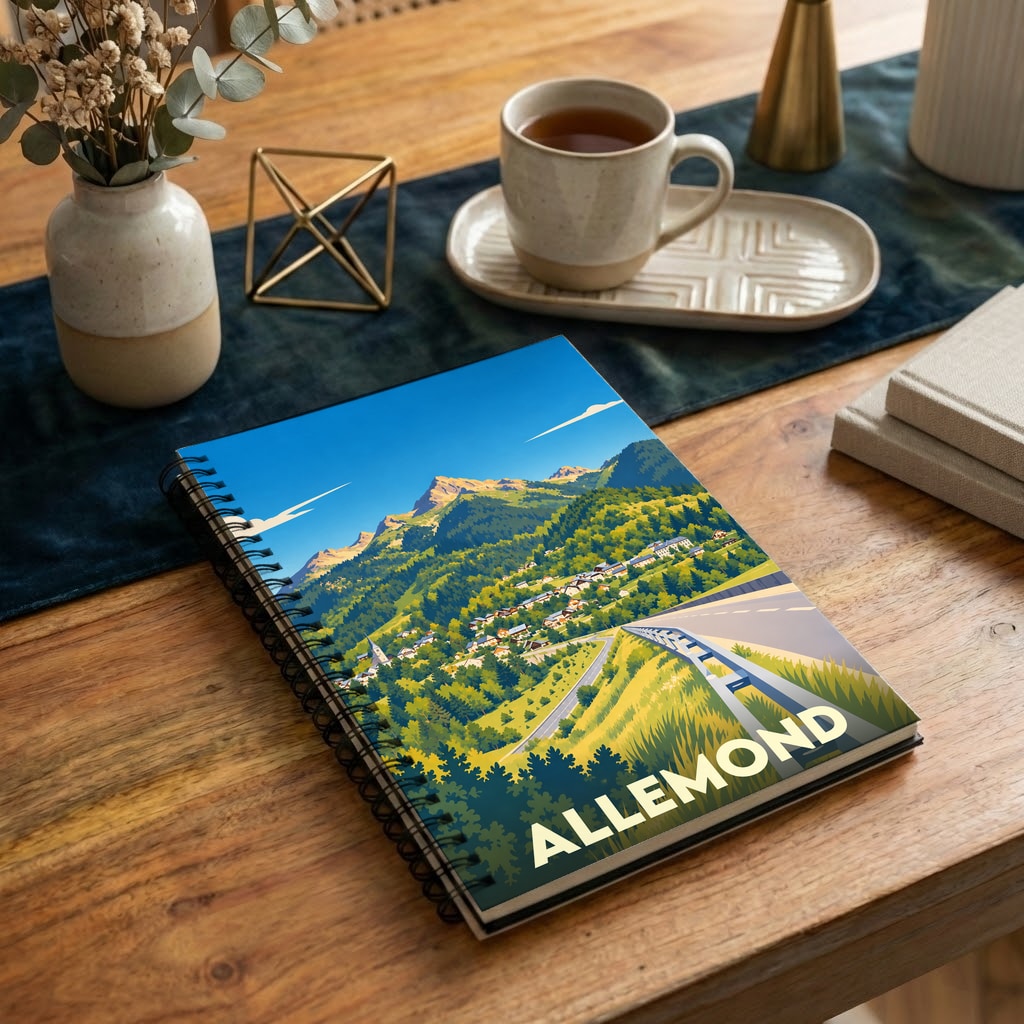 Carnet souvenir de la ville d'Allemond illustré par un paysage de montagne stylisé.