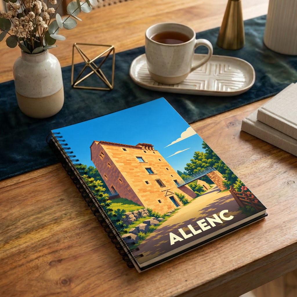 Carnet souvenir de la ville de Allenc avec une illustration stylisée d'une bâtisse historique.
