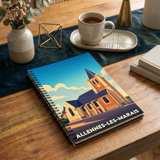 Carnet souvenir de la ville de Allennes-les-Marais avec une illustration stylisée de son église.