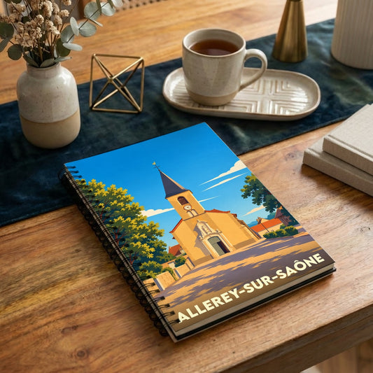 Carnet souvenir à spirale de la ville d'Allerey-sur-Saône avec une illustration stylisée de son église.