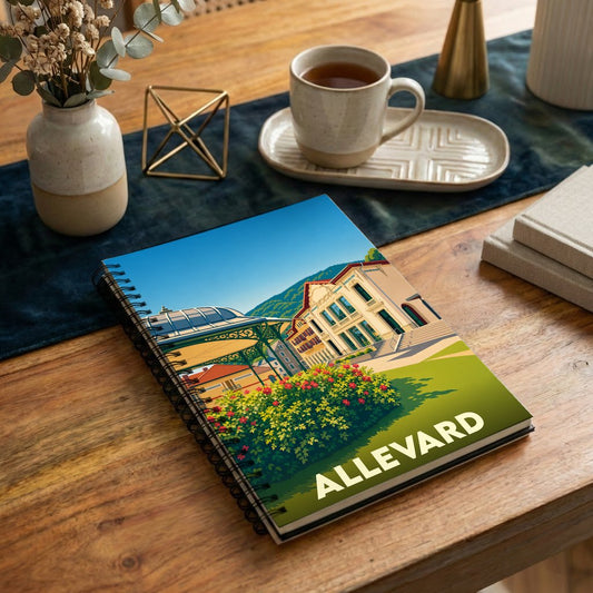 Carnet souvenir de la ville d'Allevard avec une illustration stylisée et colorée.