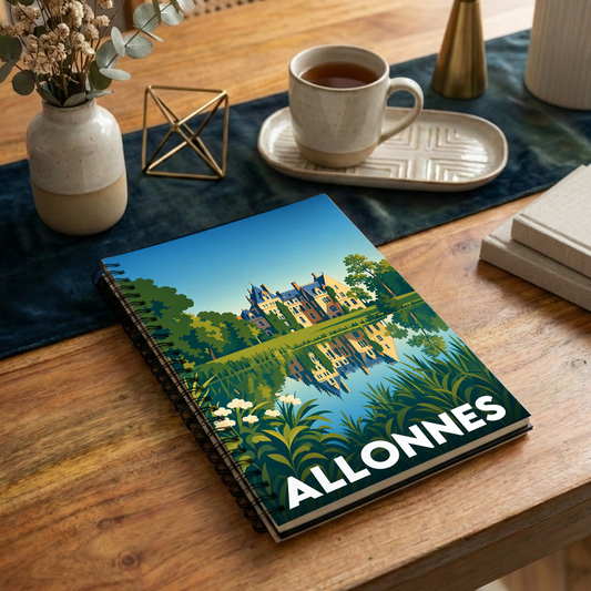 Carnet à spirale souvenir de la ville d'Allonnes avec une illustration stylisée d'un château se reflétant dans l'eau.