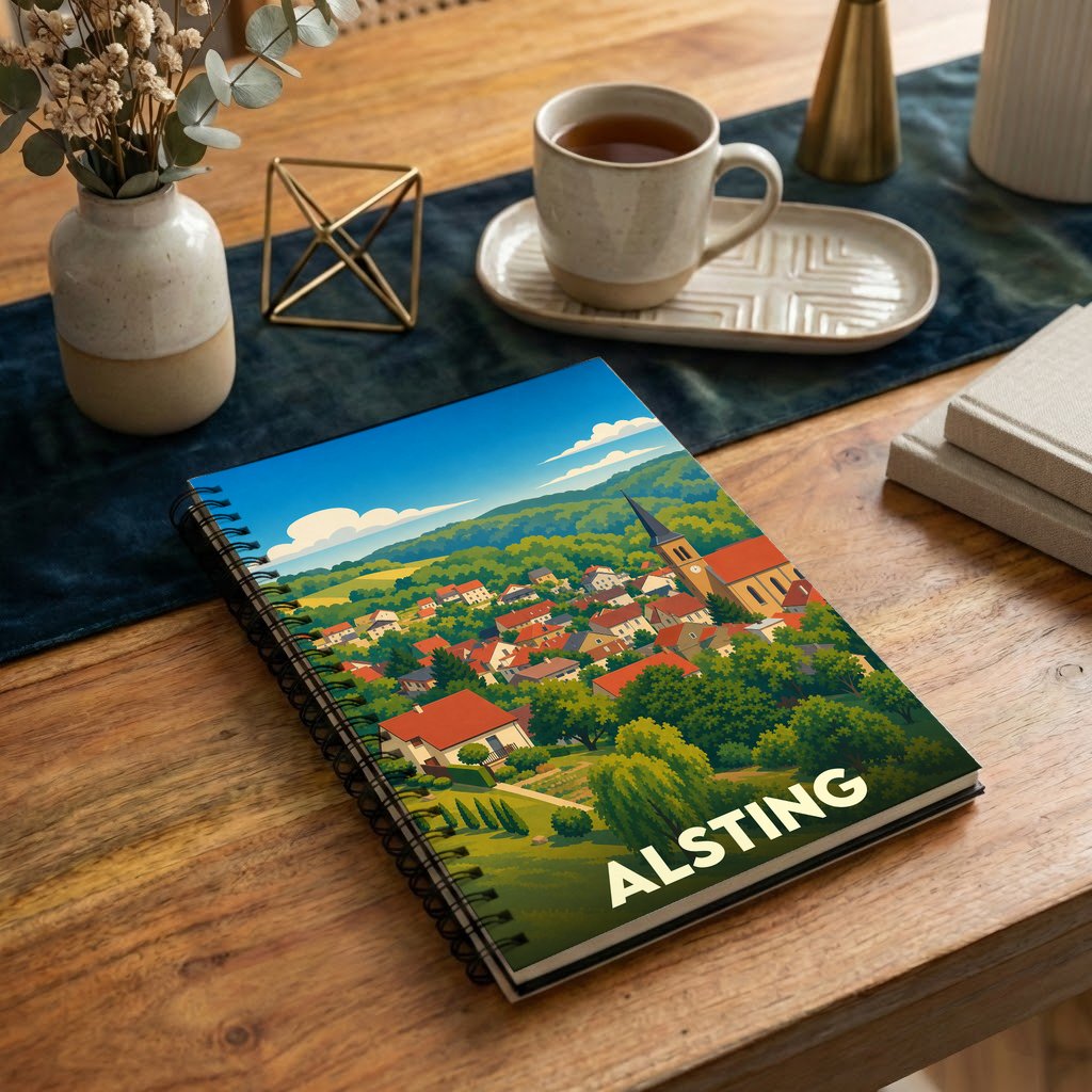 Carnet à spirales souvenir de la ville d'Alsting avec une illustration stylisée de ses paysages vallonnés.