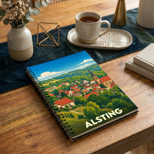 Carnet à spirales souvenir de la ville d'Alsting avec une illustration stylisée de ses paysages vallonnés.