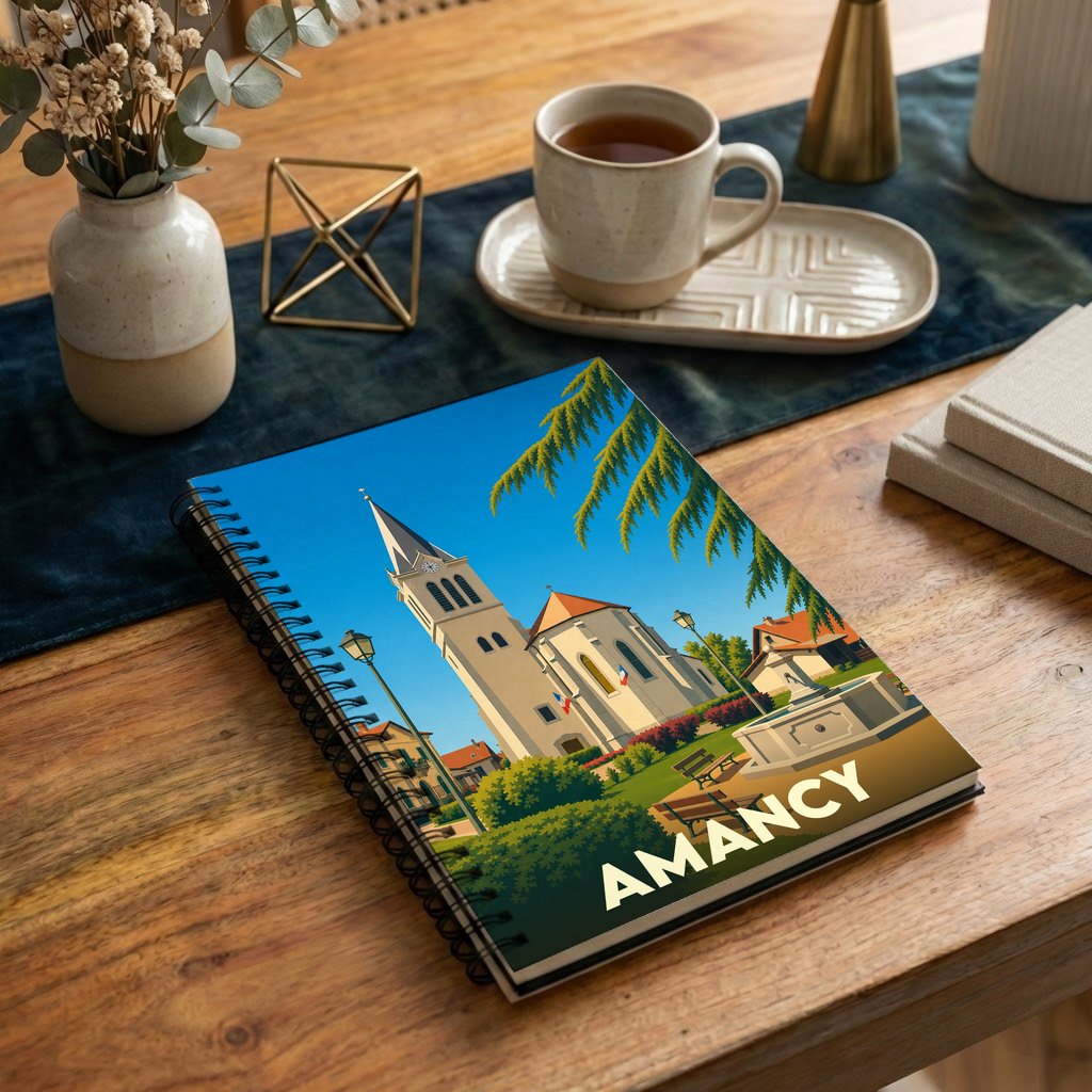 Carnet à spirale souvenir de la ville d'Amancy avec une illustration stylisée de son église.