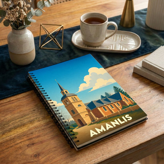 Carnet souvenir de la ville d'Amanlis avec une illustration stylisée d'une église sur la couverture.