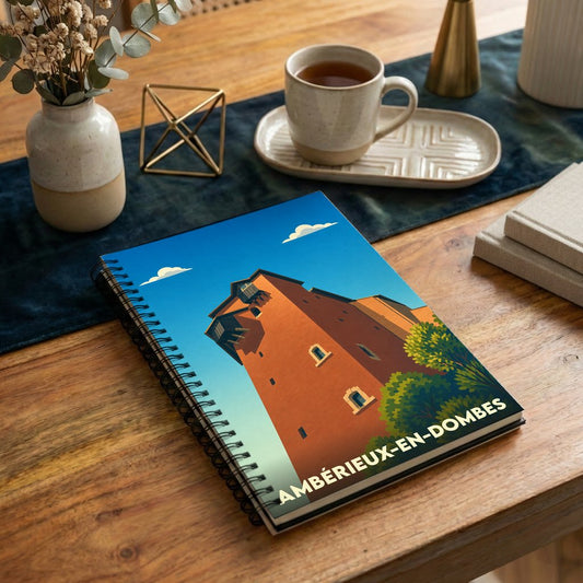 Carnet souvenir de la ville d'Ambérieux-en-Dombes avec une illustration stylisée de son château.