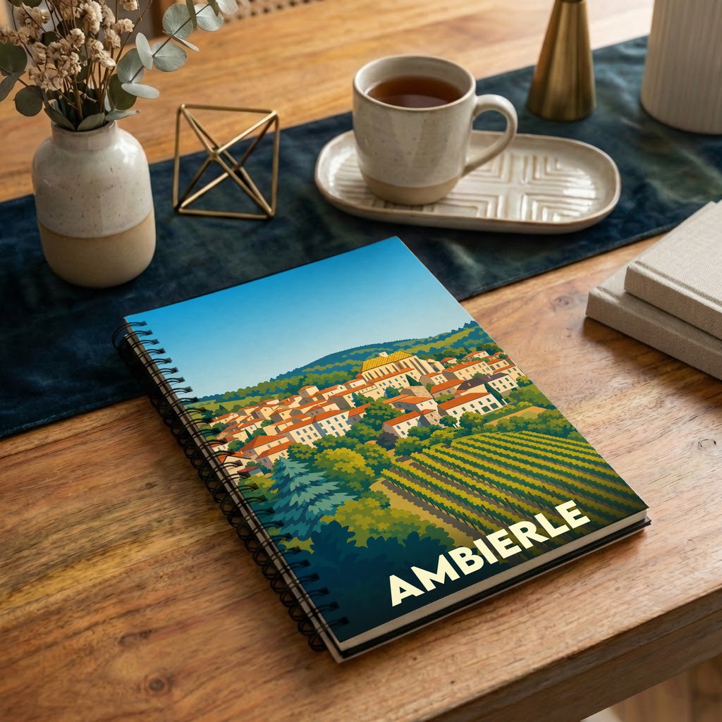Carnet à spirales souvenir de la ville d'Ambierle avec une illustration stylisée de son paysage.