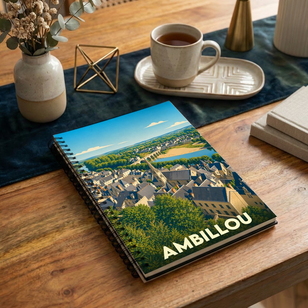 Carnet souvenir de la ville d'Ambillou avec une illustration stylisée de son paysage urbain.