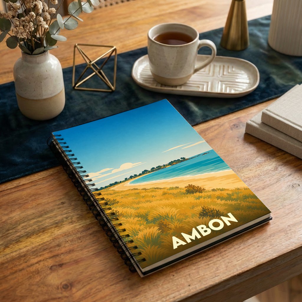 Carnet de notes à spirales souvenir de la ville d'Ambon avec une illustration stylisée de paysage côtier.