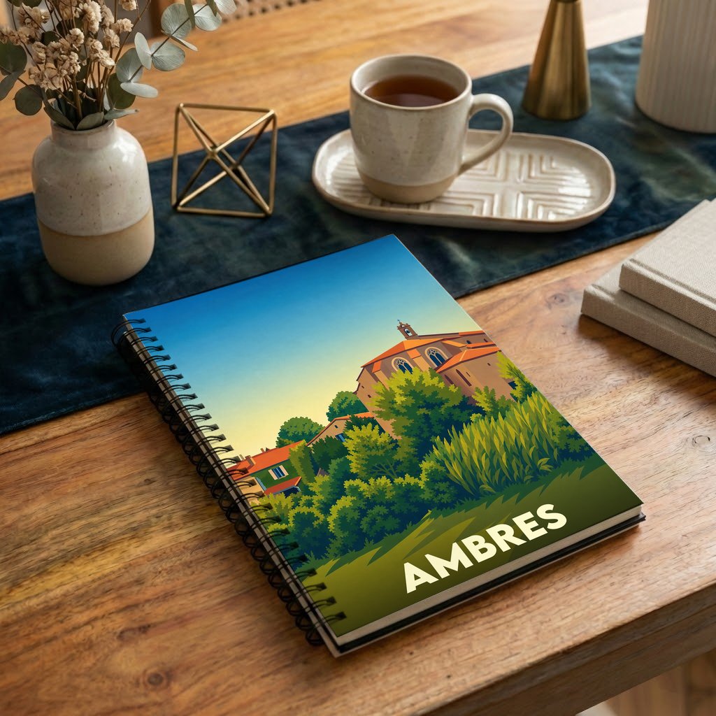 Carnet de notes souvenir de la ville d'Ambres avec une illustration colorée et stylisée de son paysage.