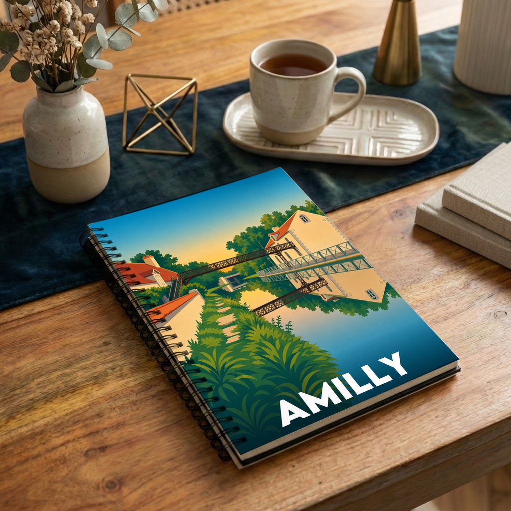 Carnet souvenir de la ville d’Amilly avec une illustration stylisée.