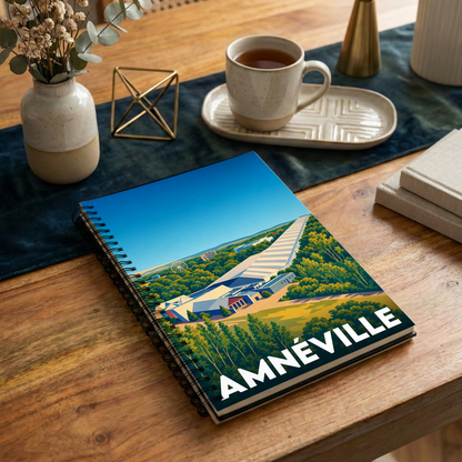 Carnet souvenir de la ville d'Amnéville avec une illustration stylisée de sa piste de ski intérieure et de sa forêt.