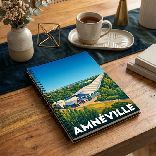Carnet souvenir de la ville d'Amnéville avec une illustration stylisée de sa piste de ski intérieure et de sa forêt.