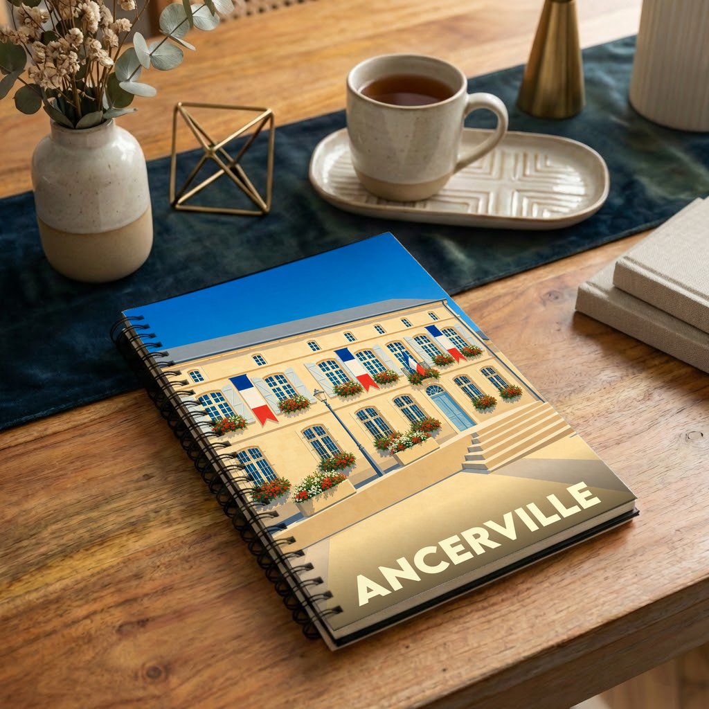 Carnet souvenir de la ville d'Ancerville avec une illustration stylisée de sa mairie fleurie.