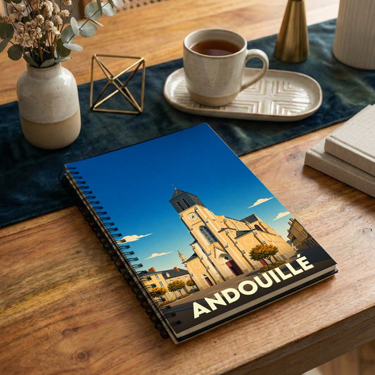 Carnet à spirales souvenir de la ville d'Andouillé avec une illustration stylisée de son église.