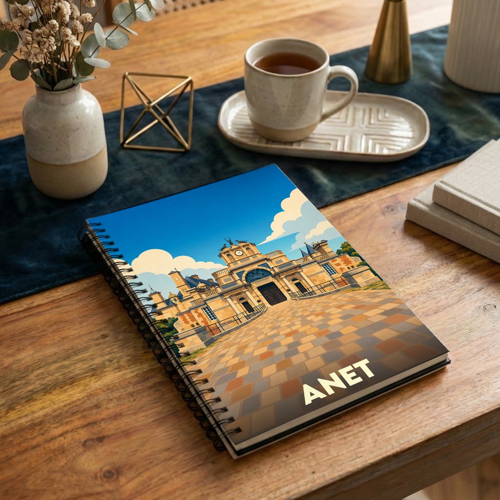 Carnet souvenir de la ville d'Anet avec une illustration stylisée de son château.