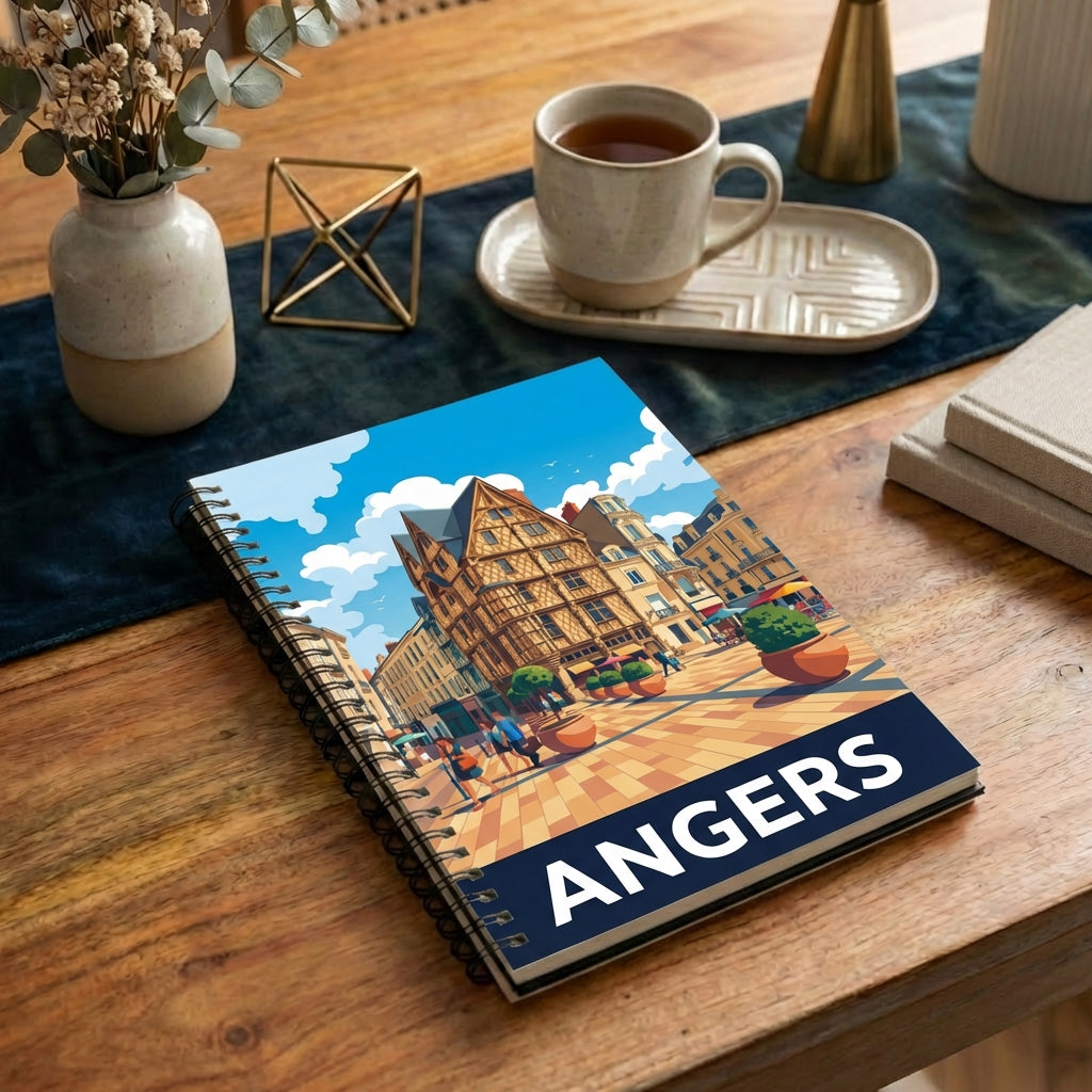 Carnet souvenir de la ville d'Angers avec une illustration stylisée de son architecture historique.
