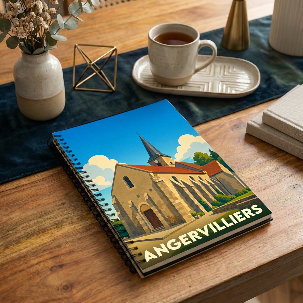 Carnet à spirales souvenir de la ville d'Angervilliers avec une illustration stylisée de son église sous un ciel bleu.