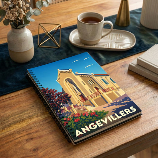 Carnet à spirales souvenir de la ville d'Angevillers avec une illustration stylisée de son église.