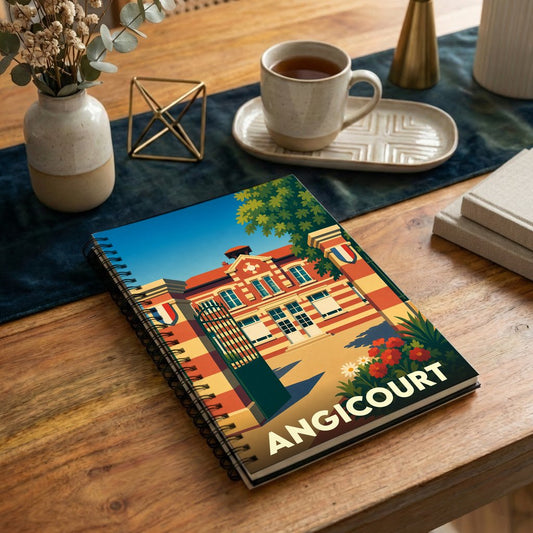 Carnet à spirales souvenir d'Angicourt avec une illustration stylisée et colorée représentant un bâtiment historique de la ville.
