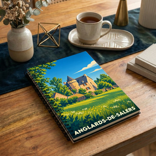Carnet souvenir de la ville d'Anglards-de-Salers avec une illustration stylisée de son château.