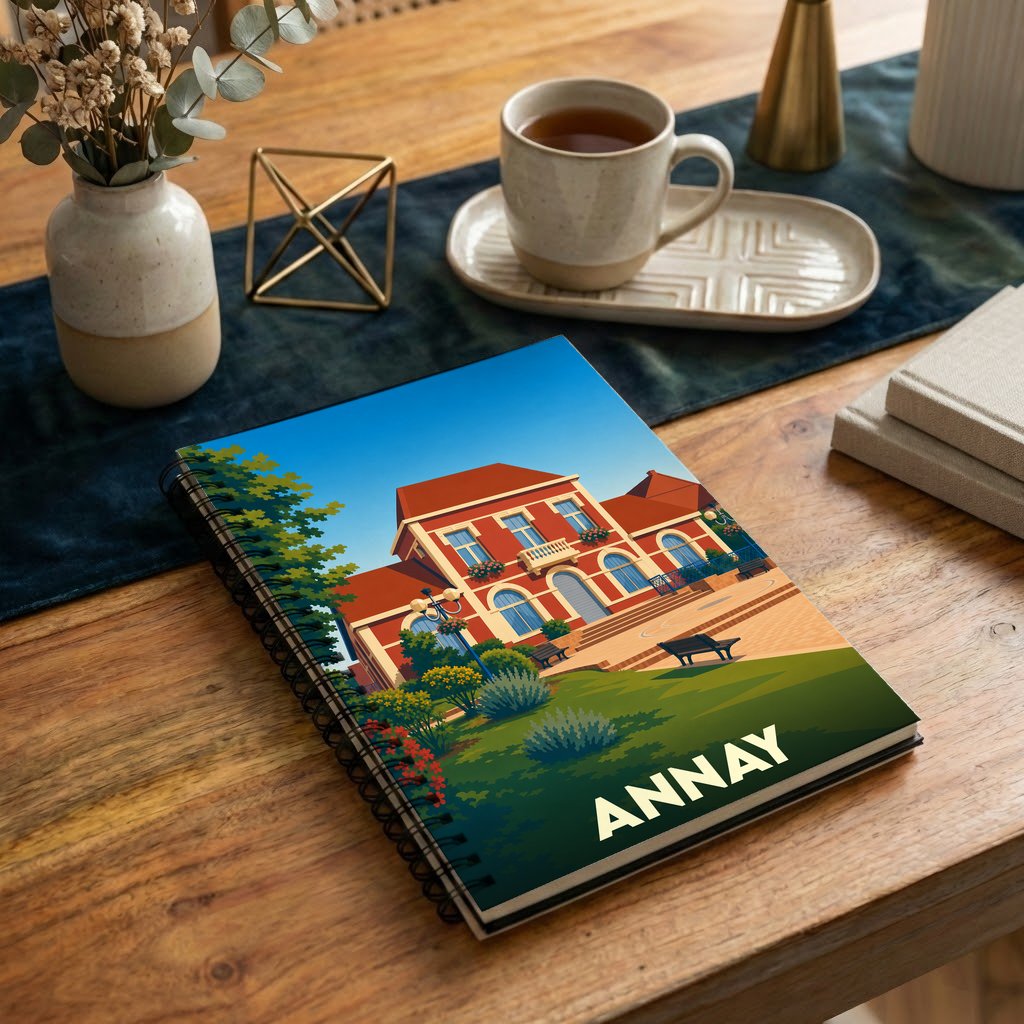 Carnet souvenir de la ville d'Annay avec une illustration stylisée de son architecture.