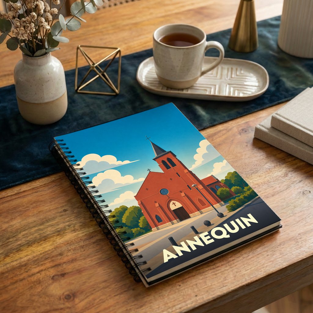 Carnet souvenir de la ville d'Annequin avec une illustration stylisée de son église sous un ciel nuageux.