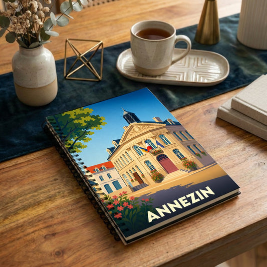 Carnet à spirales souvenir de la ville d'Annezin avec une illustration stylisée de son hôtel de ville.