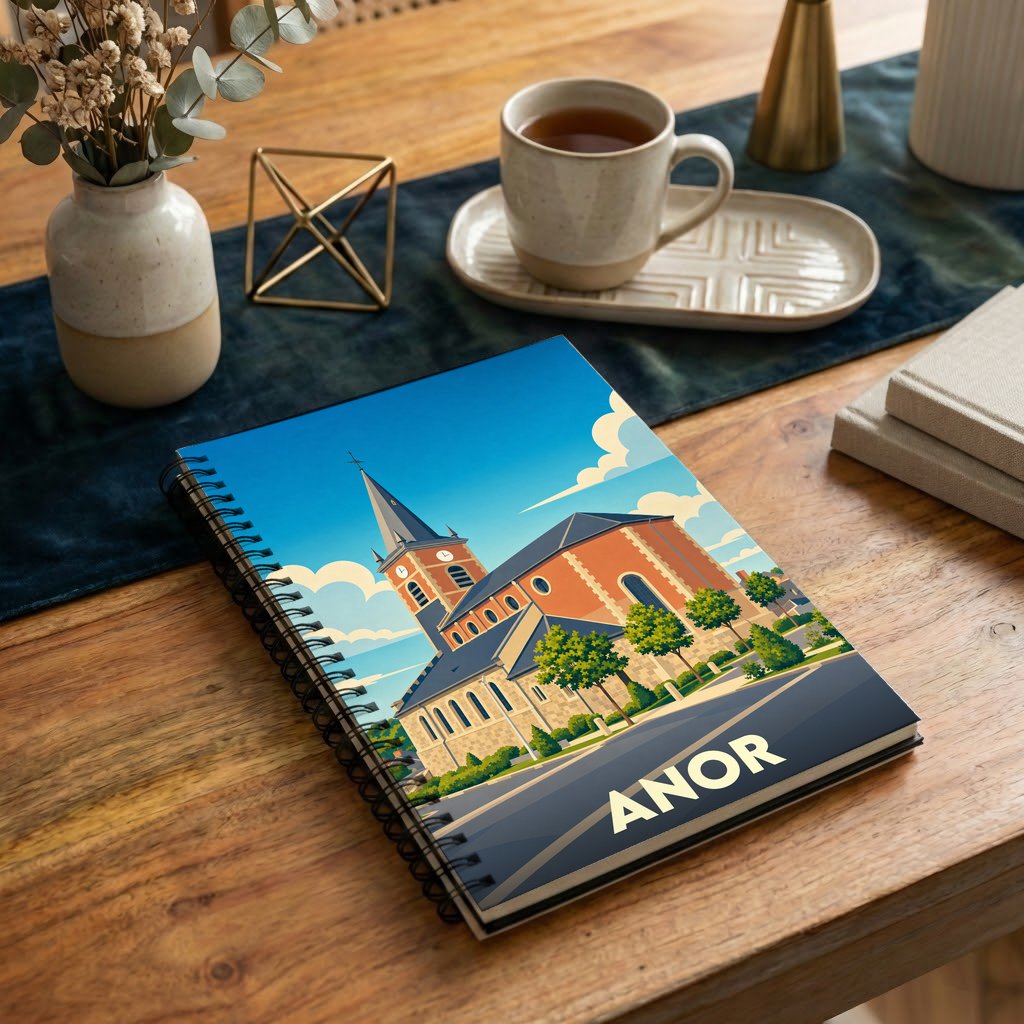 Carnet souvenir de la ville d'Anor avec une illustration stylisée de son église sur la couverture.
