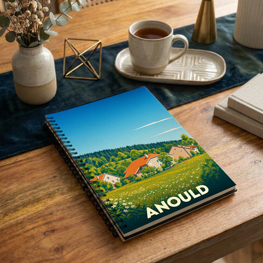 Carnet souvenir de la ville d'Anould avec une illustration stylisée de son paysage champêtre.