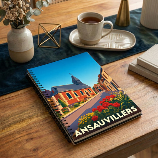 Carnet souvenir de la ville d'Ansauvillers avec une illustration stylisée et colorée.