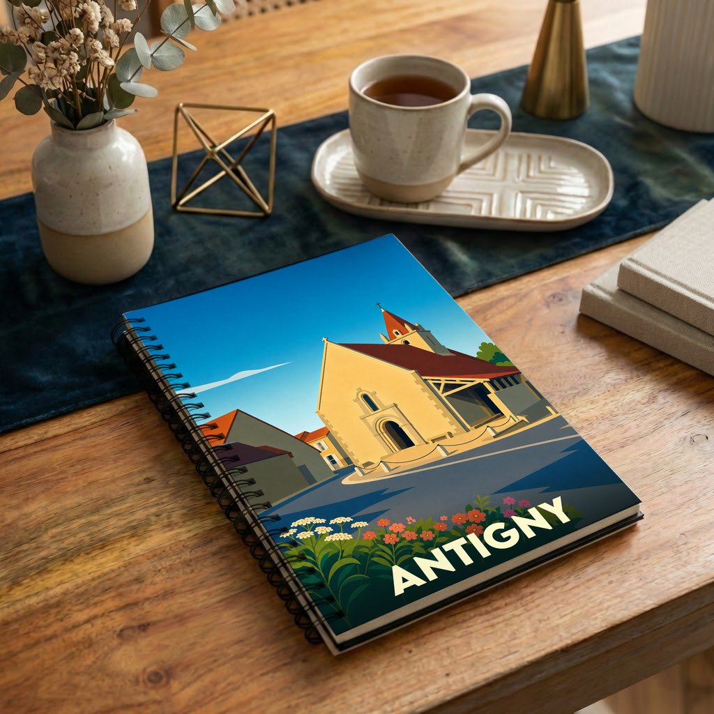 Carnet souvenir de la ville d'Antigny illustré d'un paysage urbain stylisé.