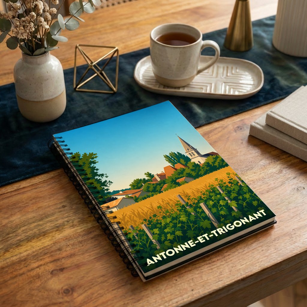 Carnet à spirales souvenir de la ville de Antonne-et-Trigonant avec une illustration stylisée de son paysage.