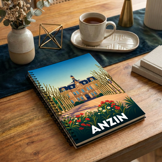 Carnet souvenir de la ville de Anzin avec une illustration stylisée de son hôtel de ville.