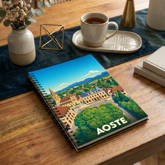 Carnet souvenir de la ville d'Aoste avec une illustration stylisée.