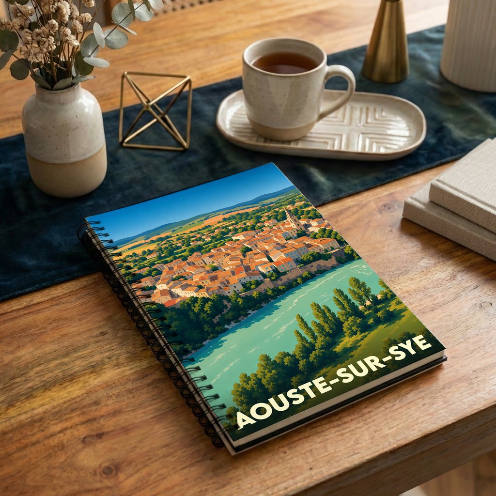 Carnet souvenir de la ville d'Aouste-sur-Sye orné d'une illustration stylisée de ses paysages provençaux.