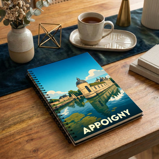 Carnet à spirales souvenir de la ville d'Appoigny avec une illustration stylisée de son patrimoine au bord de l'eau.