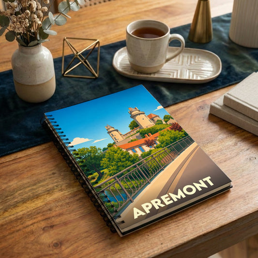 Carnet à spirales souvenir de la ville d'Apremont avec une illustration stylisée du château et de son pont.