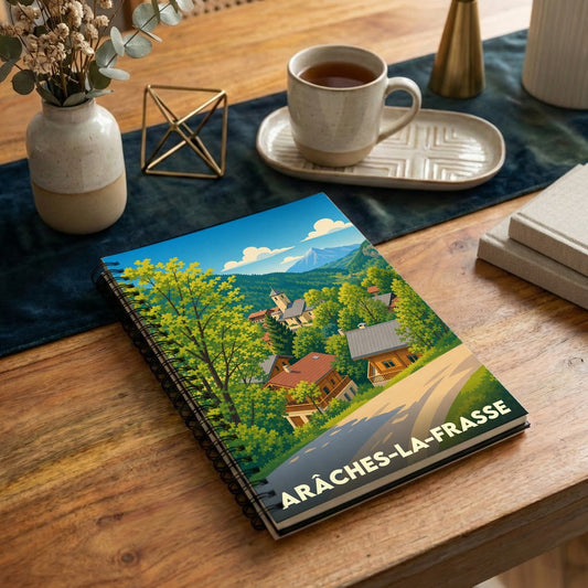 Carnet à spirales souvenir de la ville de Arâches-la-Frasse avec une illustration stylisée de montagne.