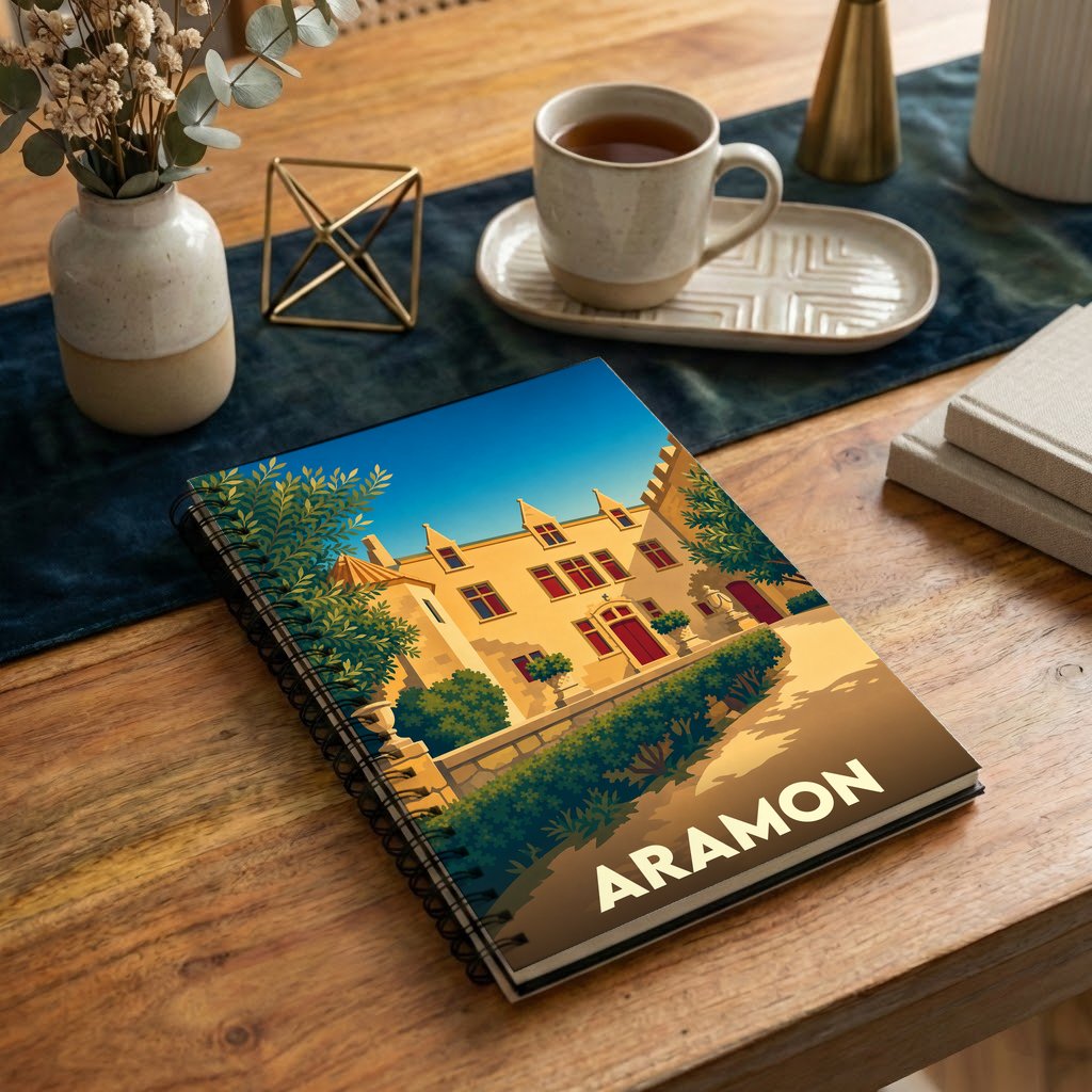 Carnet de notes souvenir de la ville d'Aramon avec une illustration stylisée de son château.