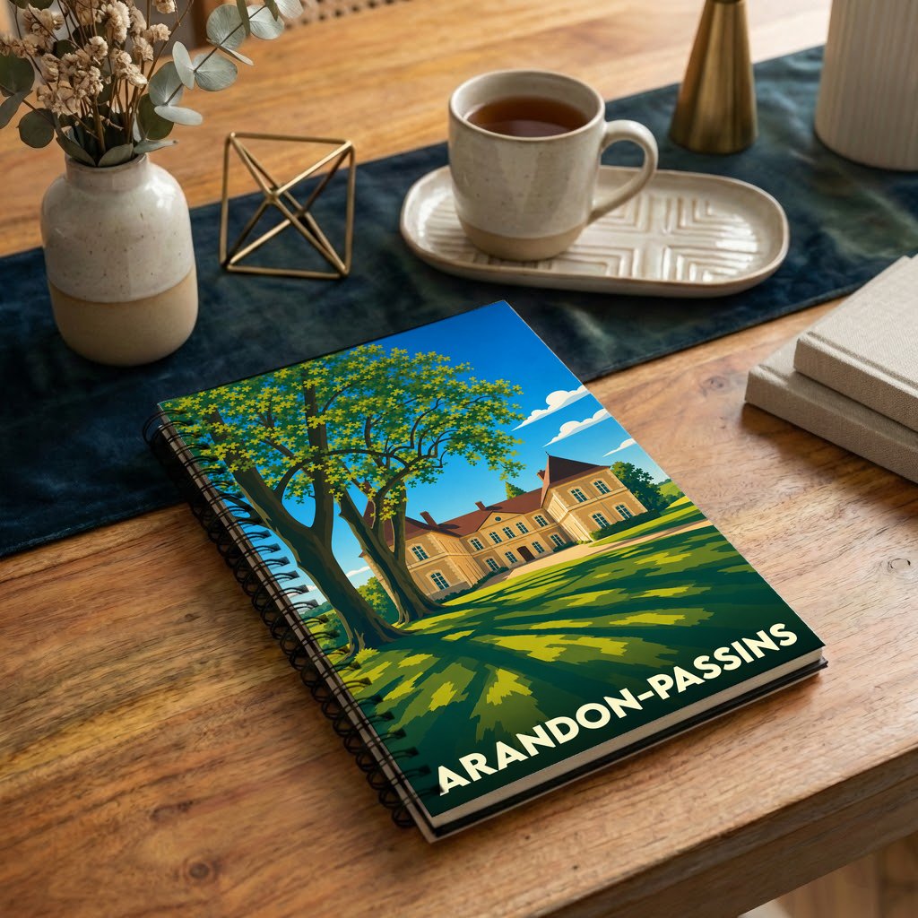 Carnet souvenir de la ville de Arandon-Passins avec une illustration stylisée d'un château et d'un grand arbre.