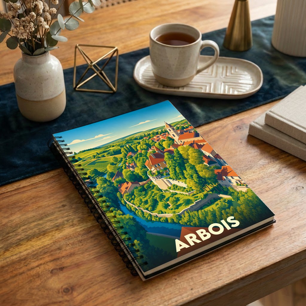 Carnet à spirales souvenir de la ville d'Arbois avec une illustration stylisée de ses paysages.