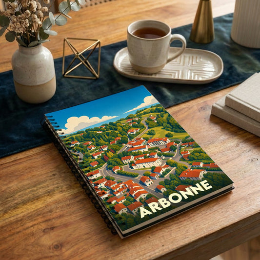 Carnet de notes souvenir de la ville de Arbonne avec une illustration stylisée de son paysage vallonné.