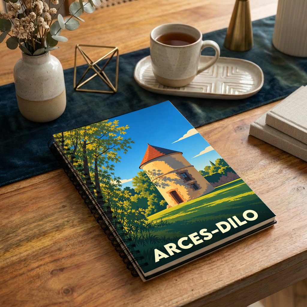 Carnet souvenir de la ville d'Arces-Dilo orné d'une illustration stylisée représentant une tour historique sous un ciel bleu.