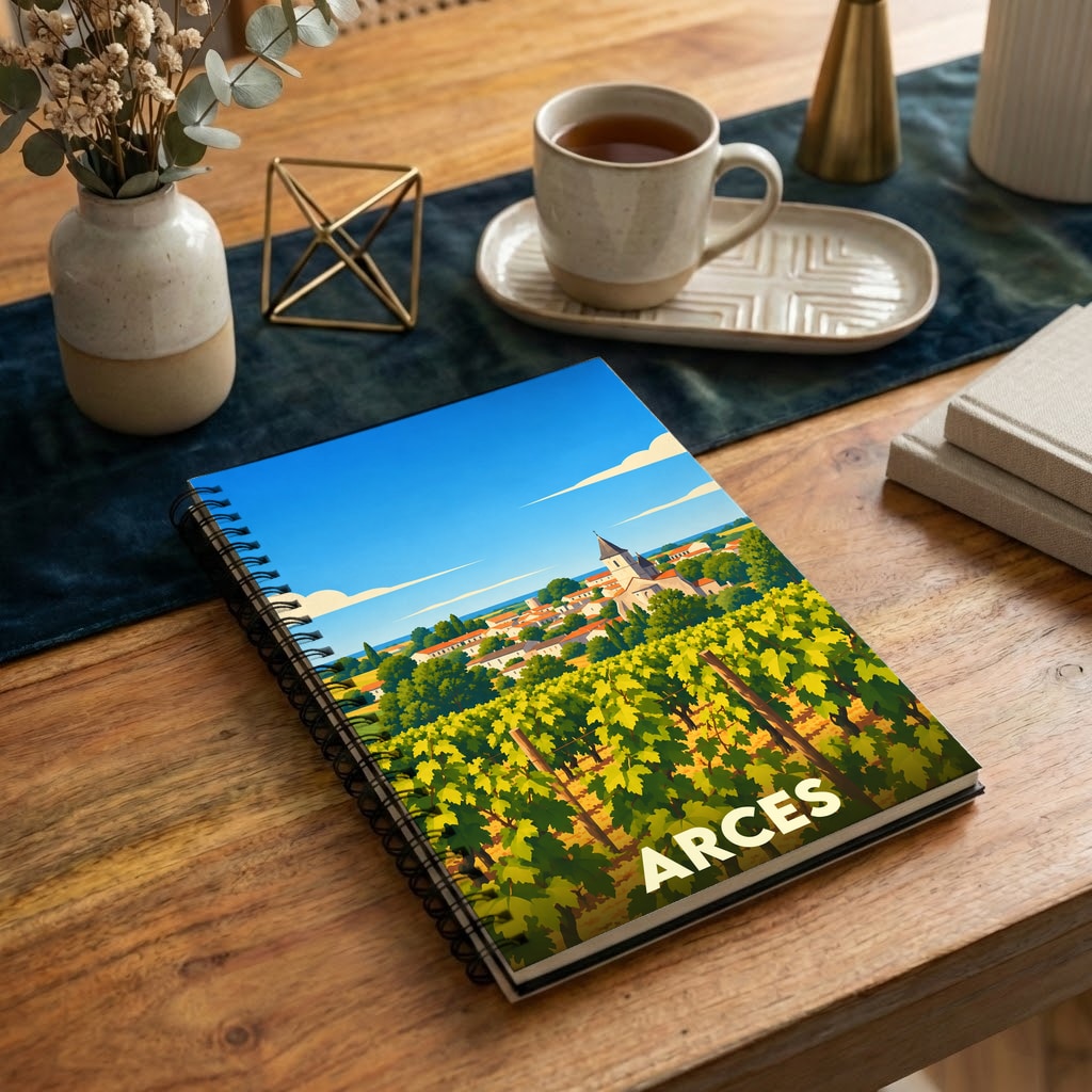 Carnet souvenir de la ville d'Arces illustré d'un paysage de vignobles stylisé.