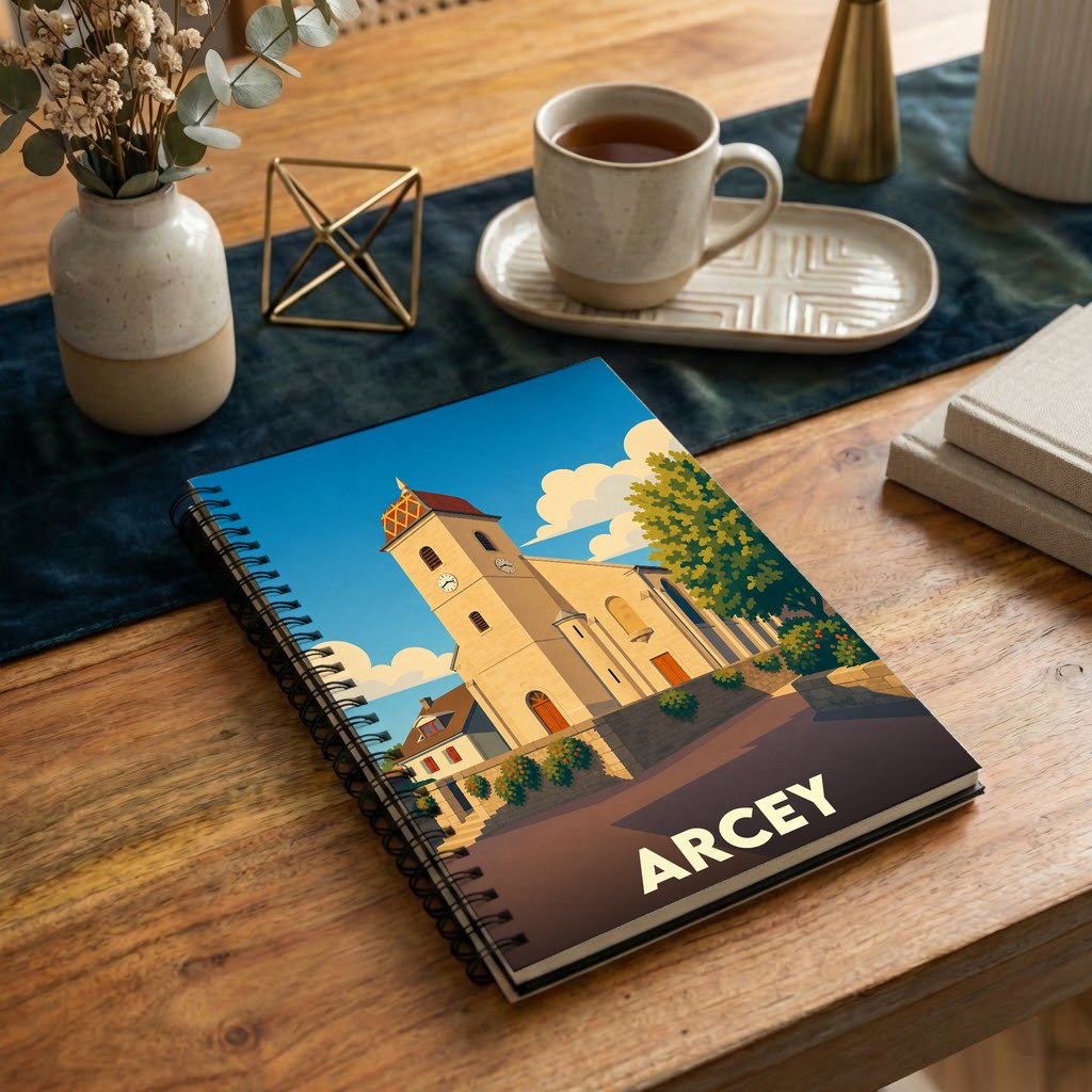Carnet souvenir de la ville d'Arcey avec une illustration stylisée de son église.