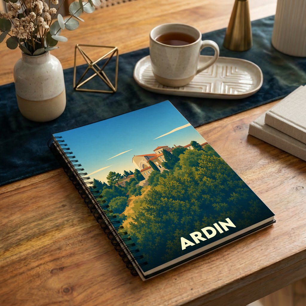 Carnet souvenir de la ville d'Ardin avec une illustration stylisée de son paysage urbain et verdoyant.