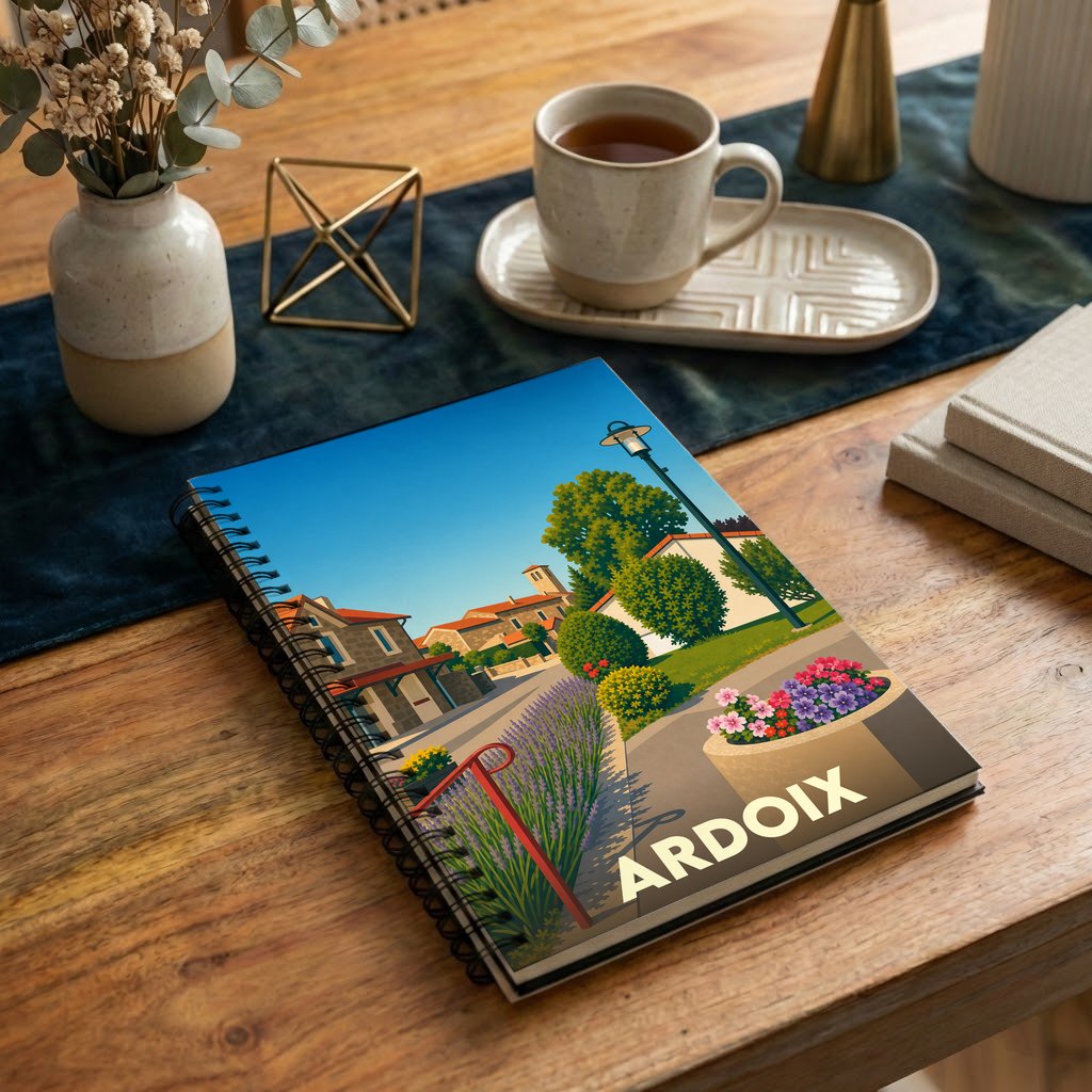 Carnet souvenir de la ville de Ardoix illustré d'un paysage urbain coloré et stylisé.